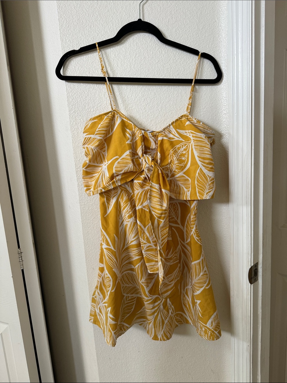Fashion Nova Mustard Yellow Leaf-Print Tie-Front Mini Dress